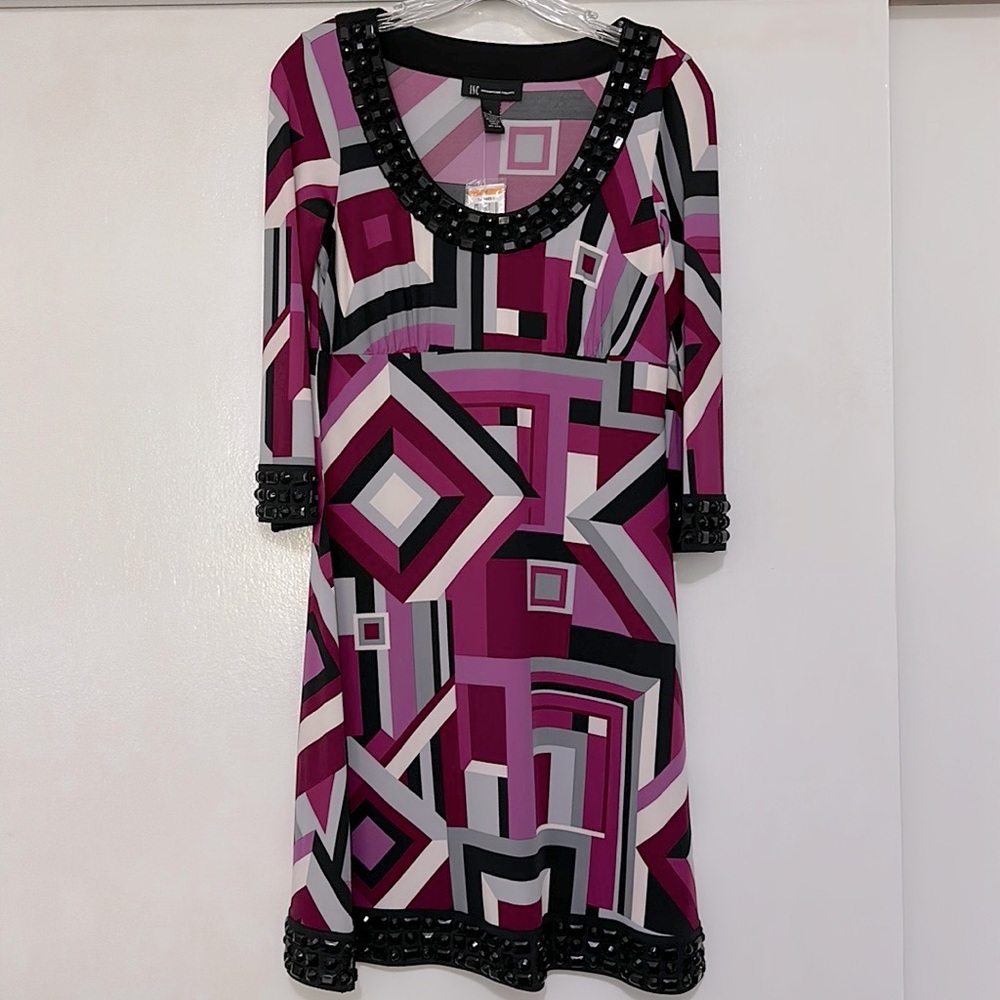 INC Dress with Jeweled Neck, Cuffs and Hem Size Small